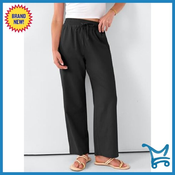 High Waist Drawstring Lounge Pants Lightweight Rayon Straight Leg with Pockets - Picture 6 of 8